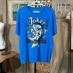 G21 Y2K Blue Short Sleeve Tee Shirt w White & Black Joker Graphic Size XL